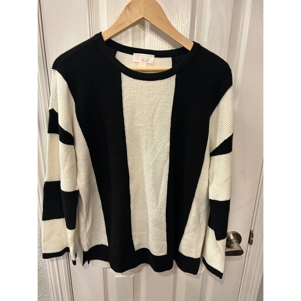 Belle by Kim Gravel Sweater‎ Black White Colorblock Striped Waffle Knit Pullover